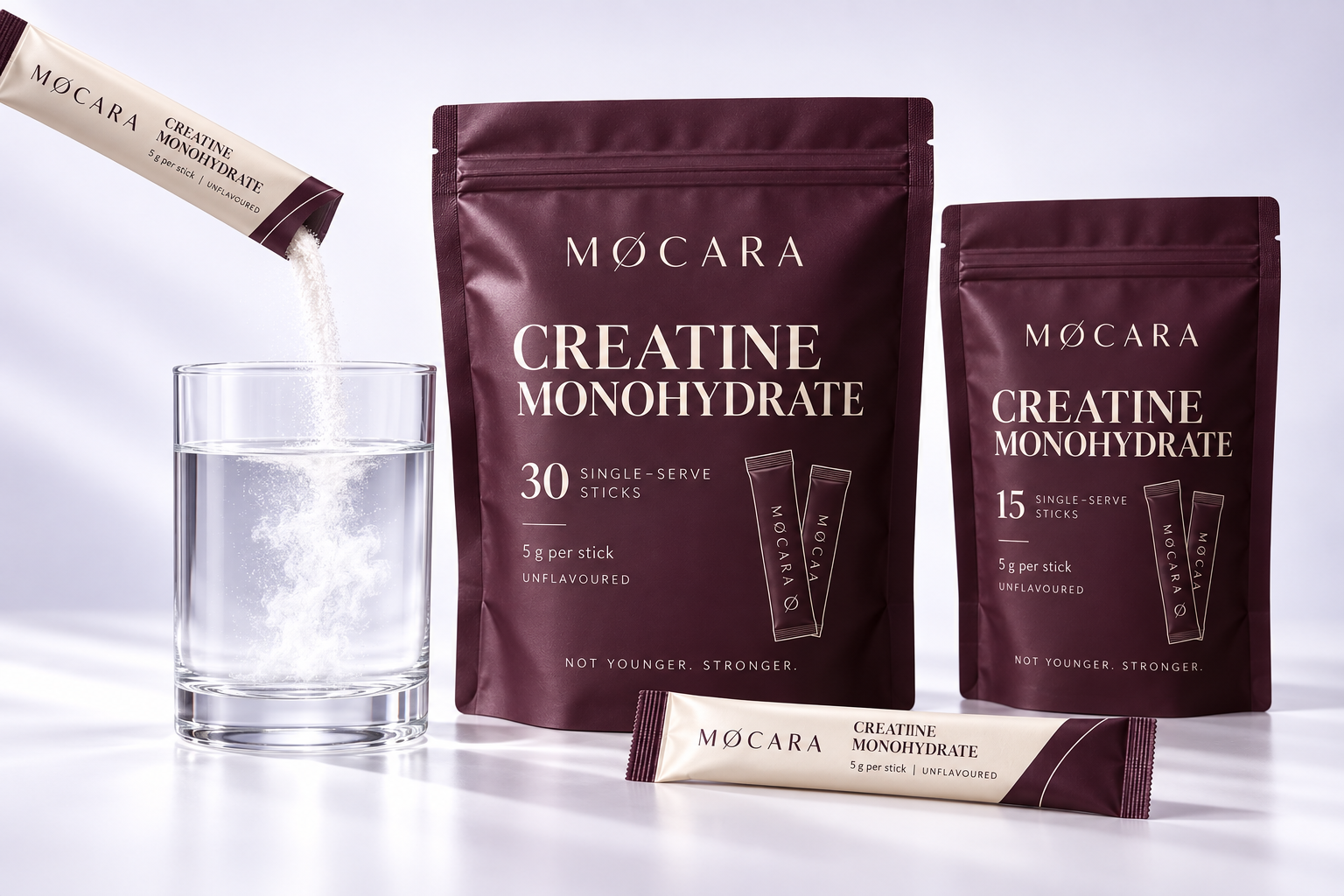 MOCARA creatine pouches and a single-serve stick pouring creatine into a glass of water